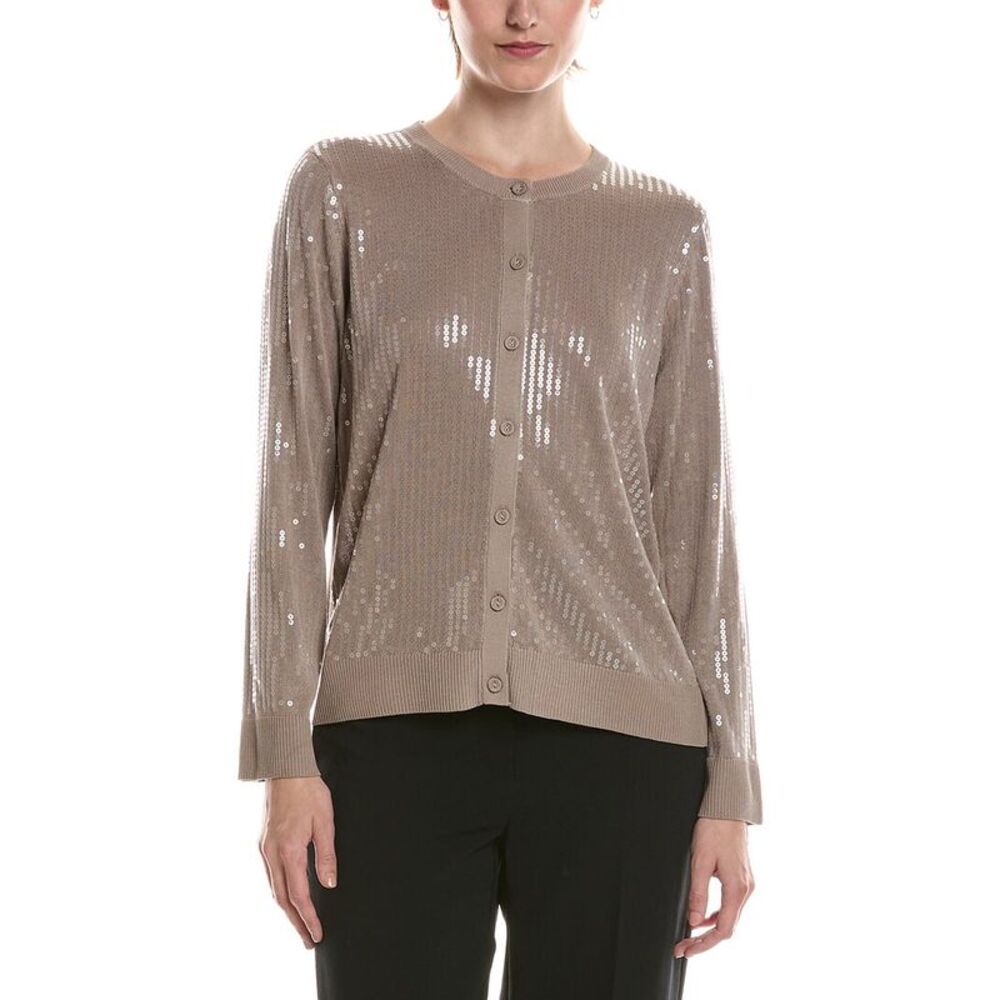 Anne Klein Womens Sequin Cardigan, Tan